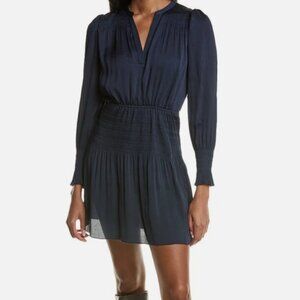 ba&sh Navy Blue Crinkle Texture Smocked Waist Mini Dress